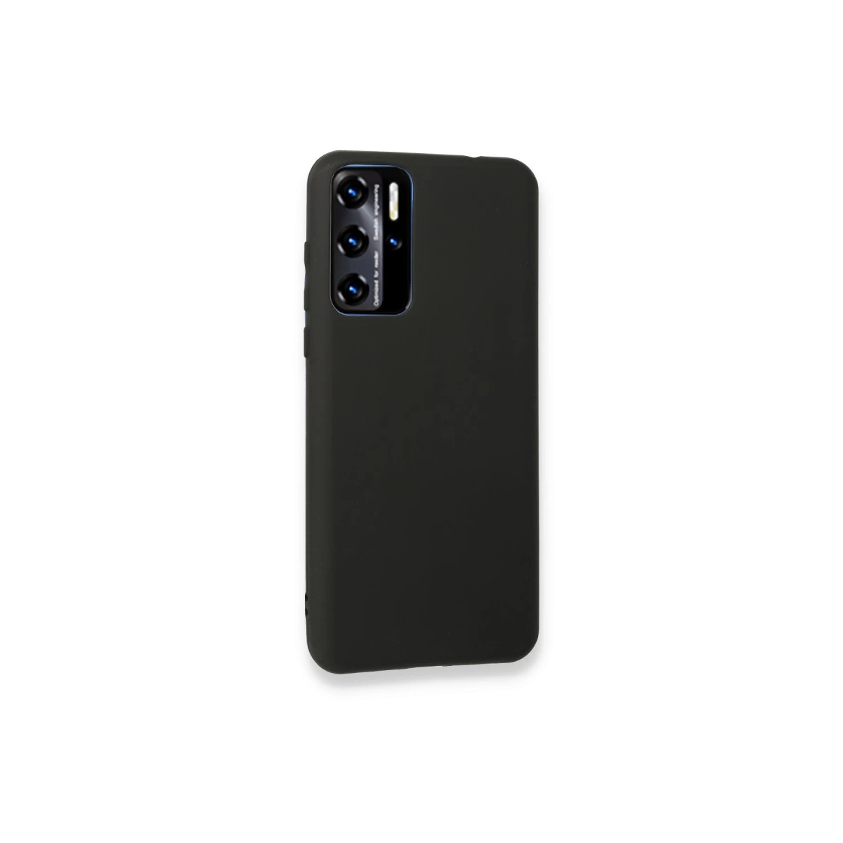 Arkada üçlü kamerası olan siyah telefon kılıfı, beyaz zeminde.