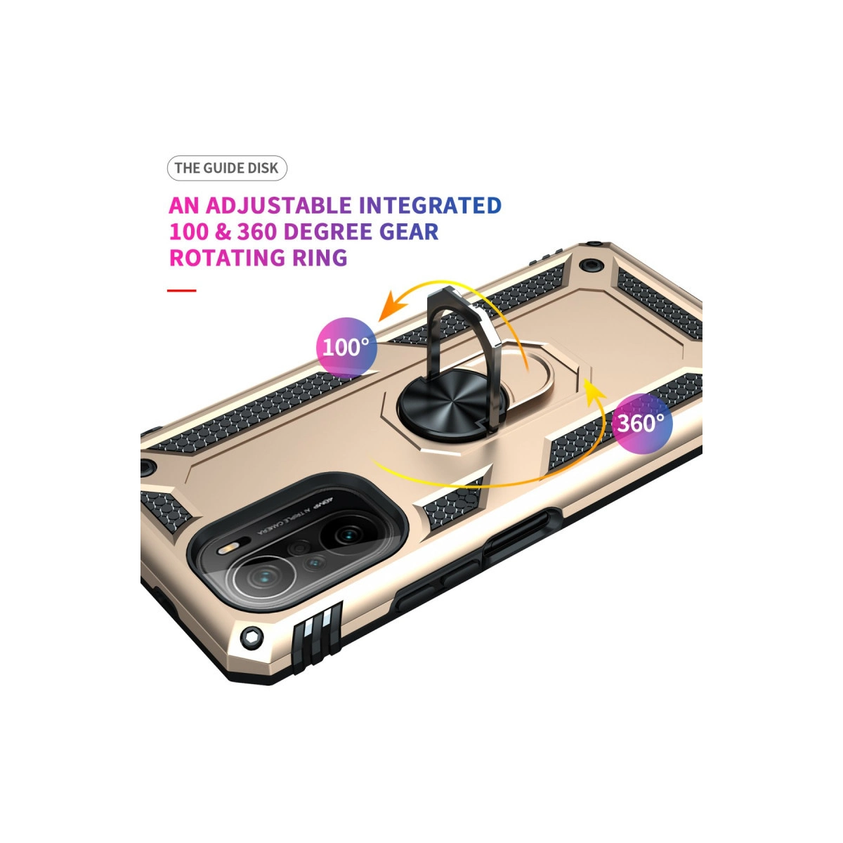 Ayarlanabilir 100 ve 360 derece halkalı altın rengi telefon kılıfı.