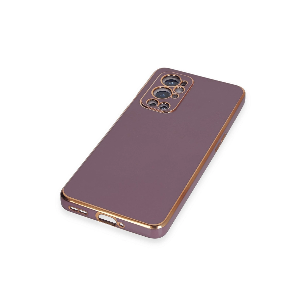 Altın kenarlıklı, kamera oyuntulu ve şarj portlu mor telefon kılıfı.