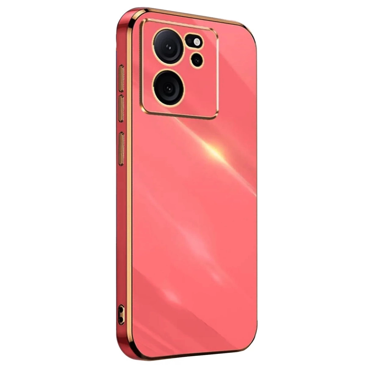 Altın kenarlı ve kamera kesimli pembe telefon kılıfı.