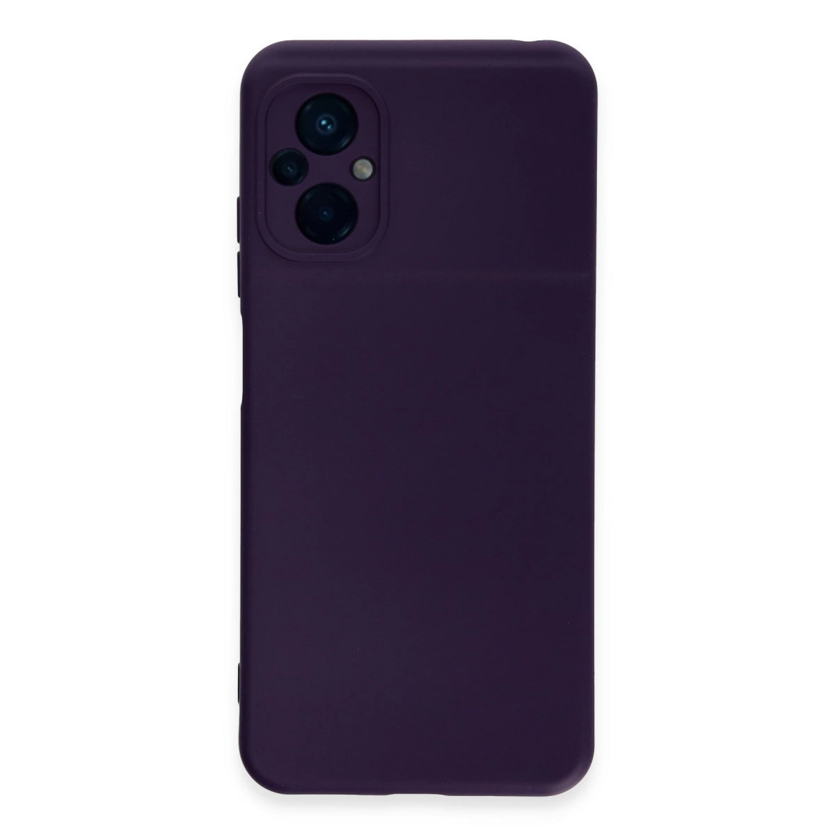 Koyu mor telefon kılıfı, arkasında üçlü kamera kurulumu.