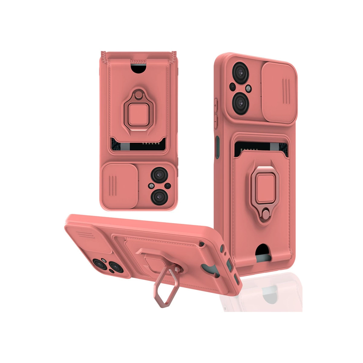 Halka tutuculu ve kart yuvalı mercan pembe telefon kılıfı.