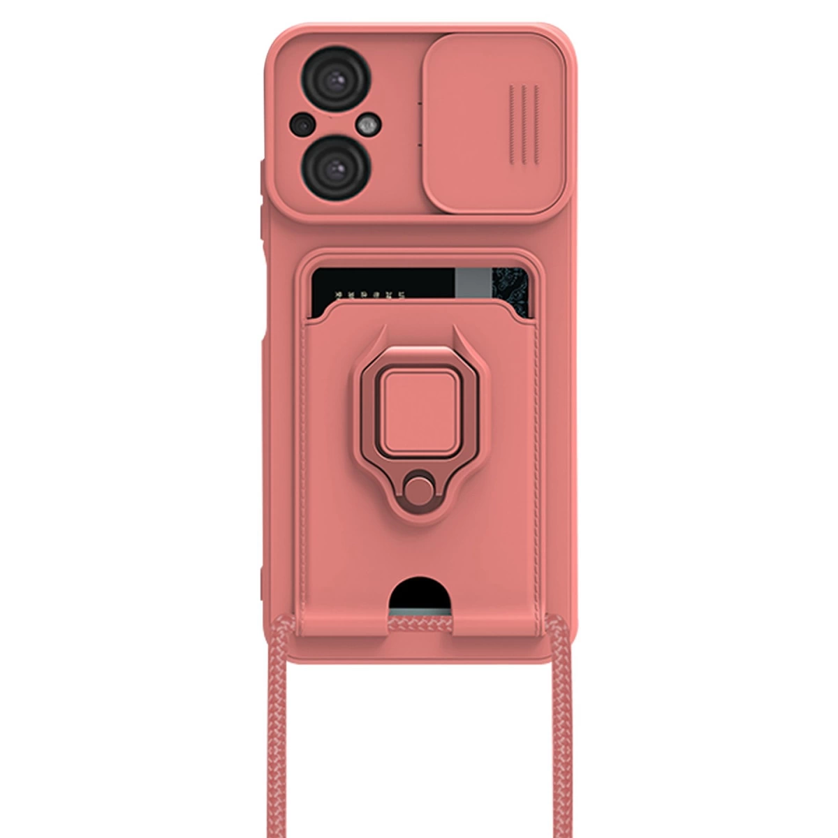 Kamera kapaklı, kart yuvalı, halka tutuculu pembe telefon kılıfı.