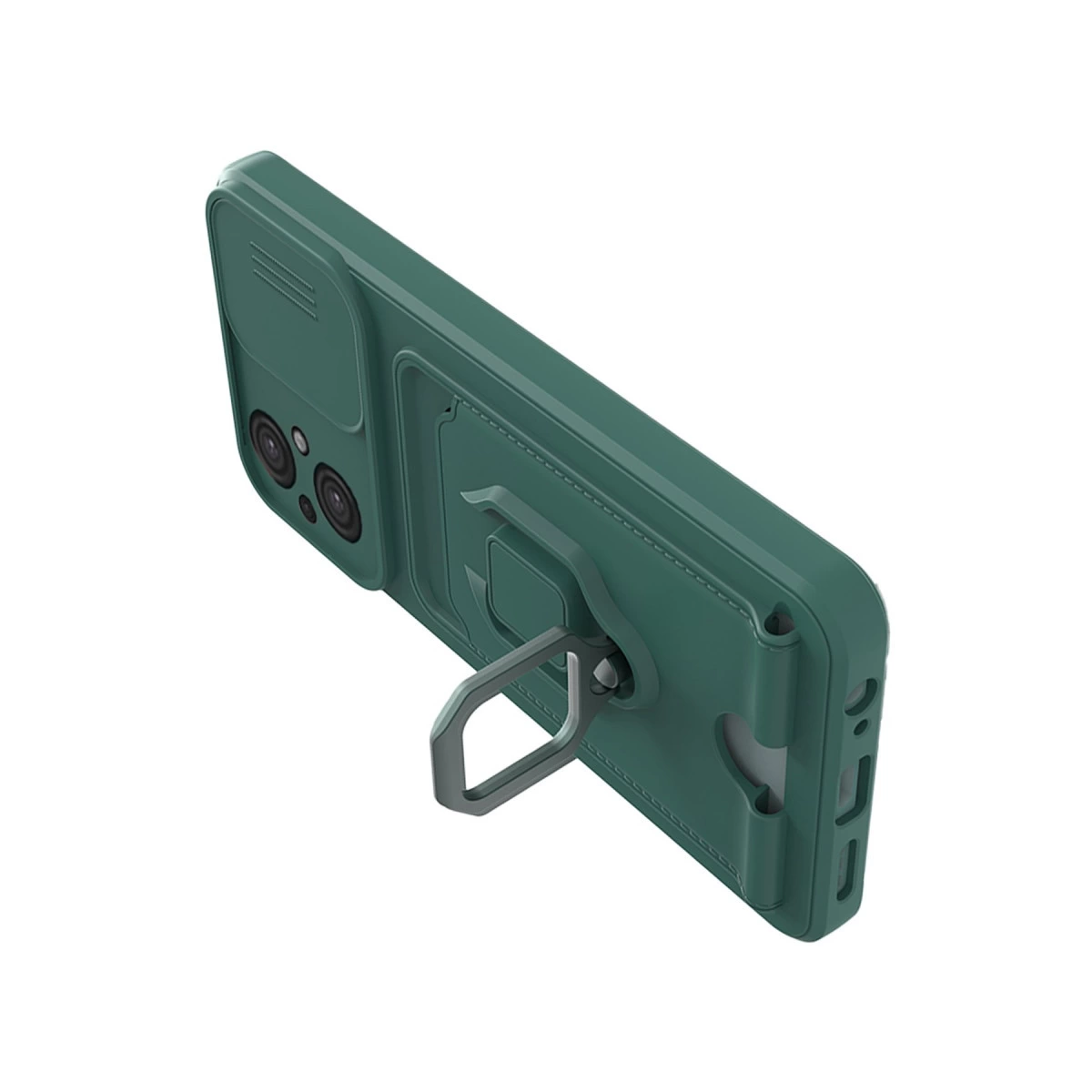 Halka tutuculu ve kamera kapaklı yeşil telefon kılıfı.