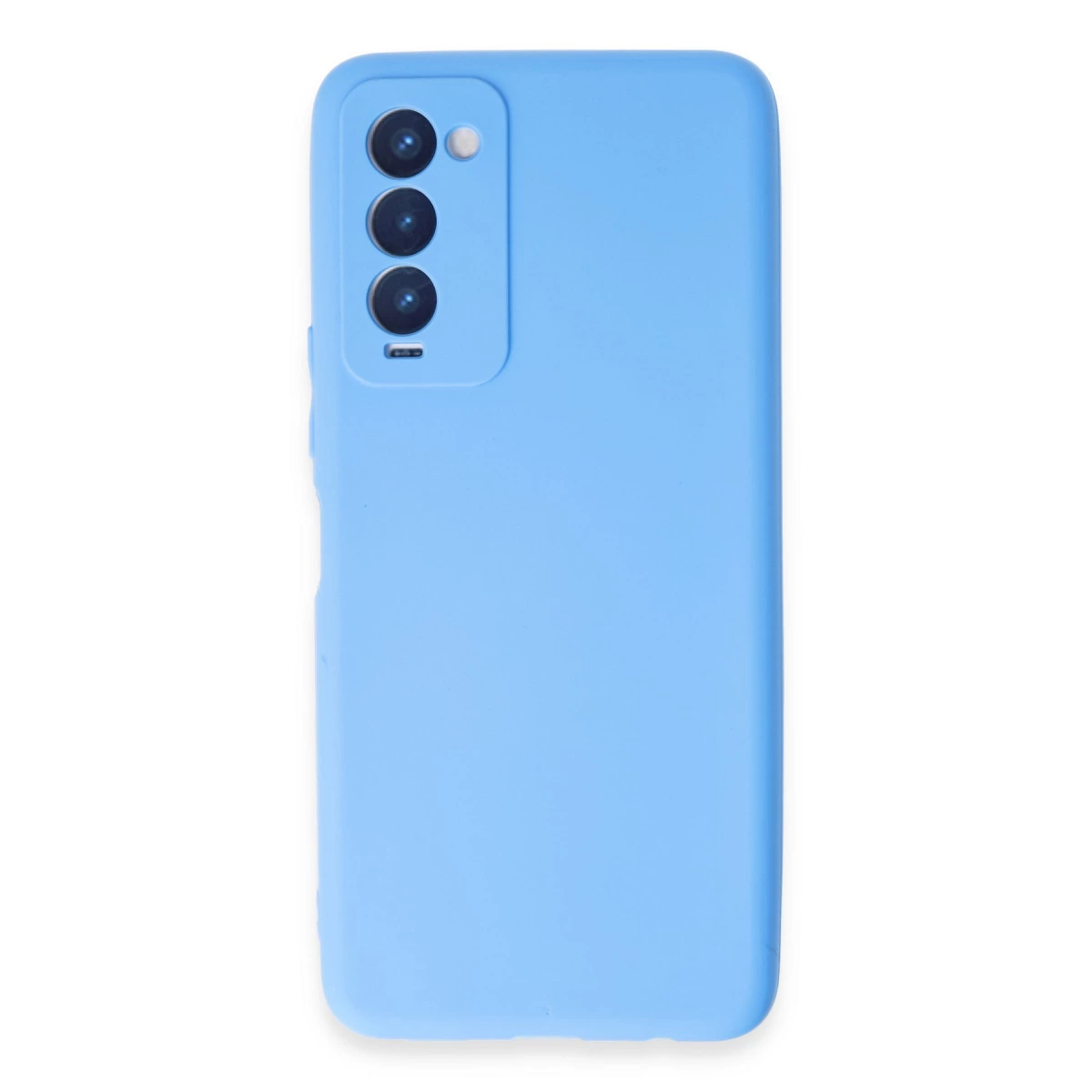 Üç kamera lensi ve flaşlı açık mavi telefon kılıfının arkası.