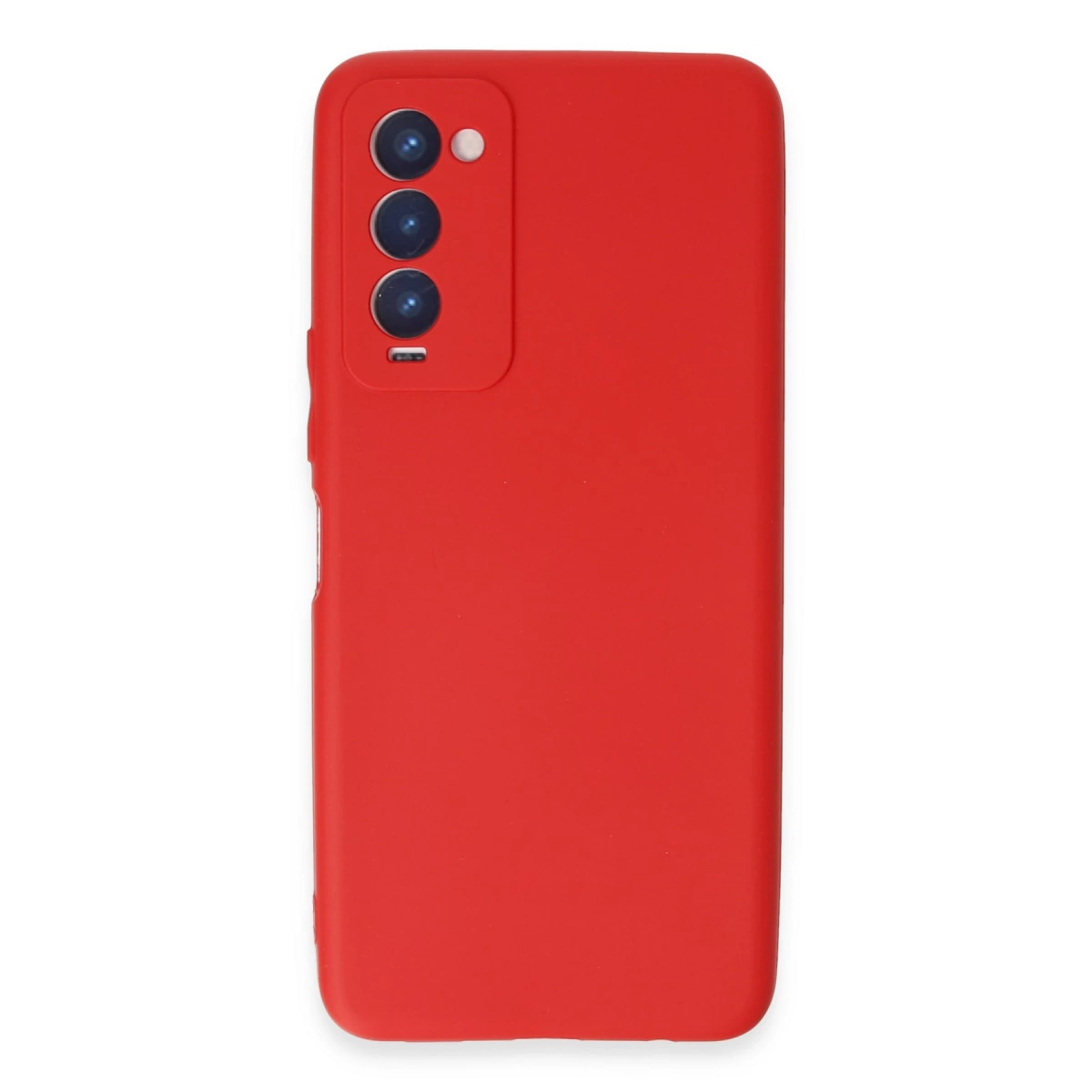 Üç kamera lensli ve flaşlı kırmızı telefon kılıfı.