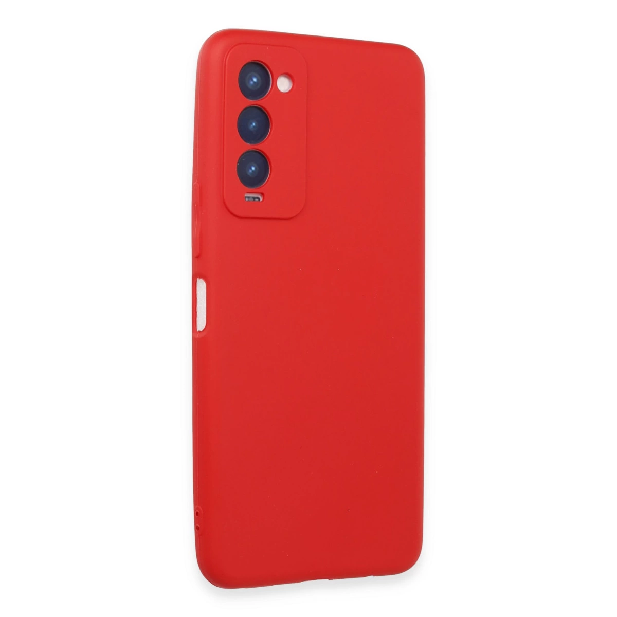 Üç kamera lensi ve flaşı olan kırmızı telefon kılıfı.