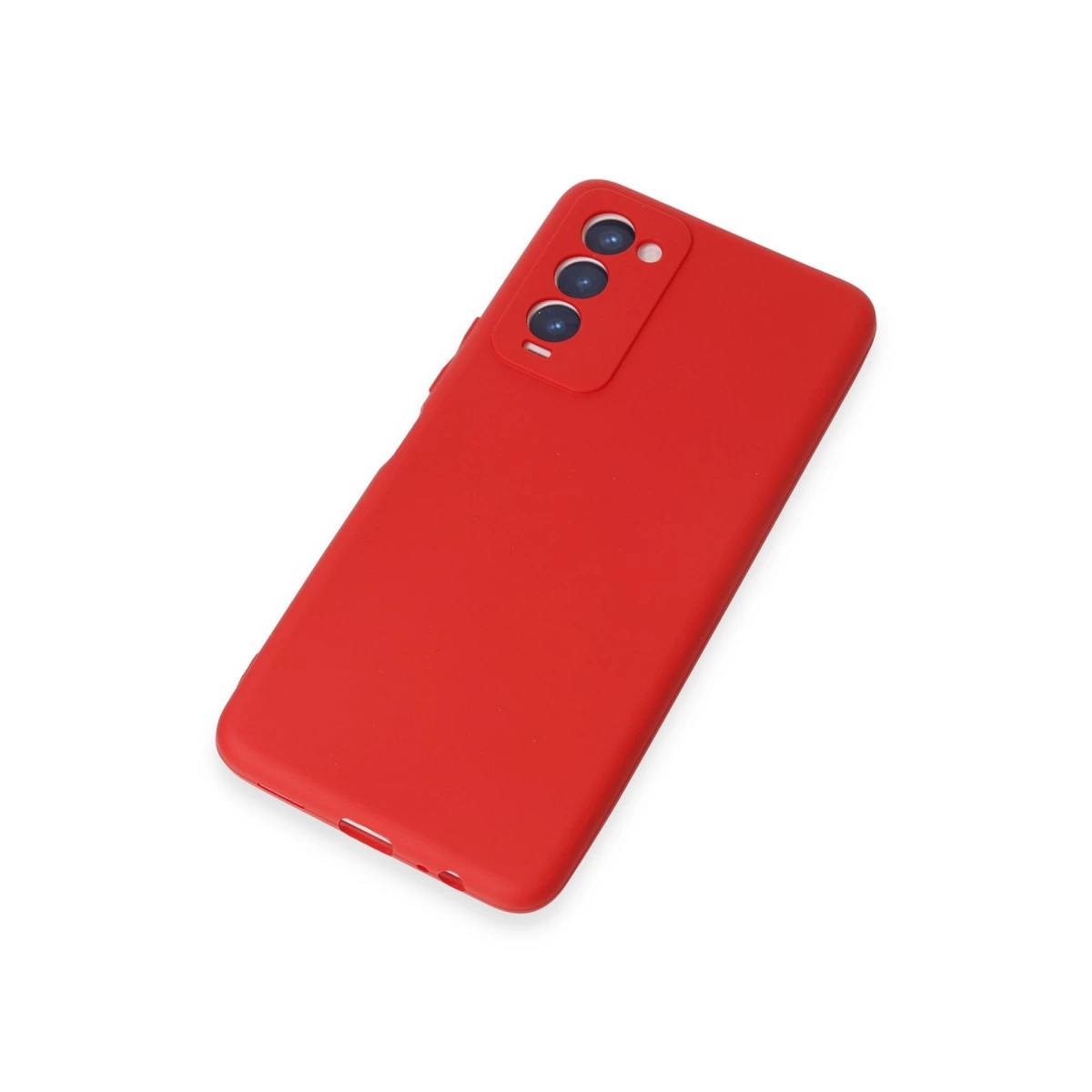 Üç kamera lensli ve alt kısımda kesikleri olan kırmızı telefon kılıfı.