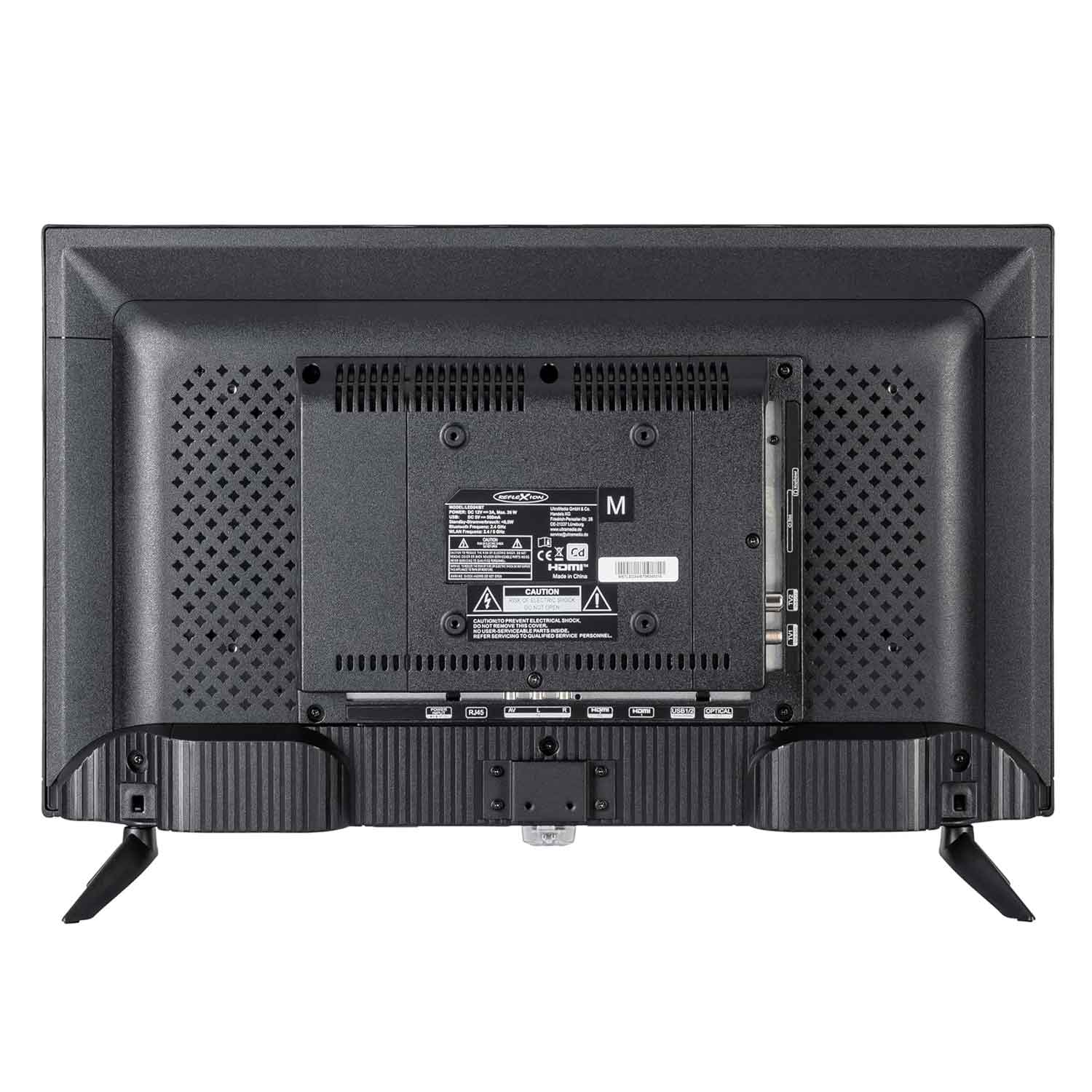 Tył czarnego telewizora z portami HDMI, USB i LAN.