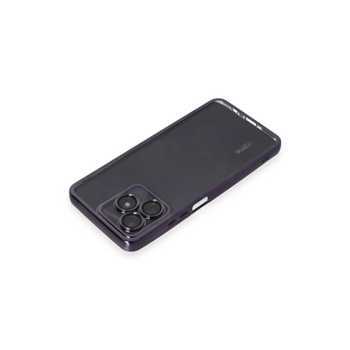 Beyaz arka plan üzerinde üç kamera lensi ve parlak çerçeveli koyu bir akıllı telefon.