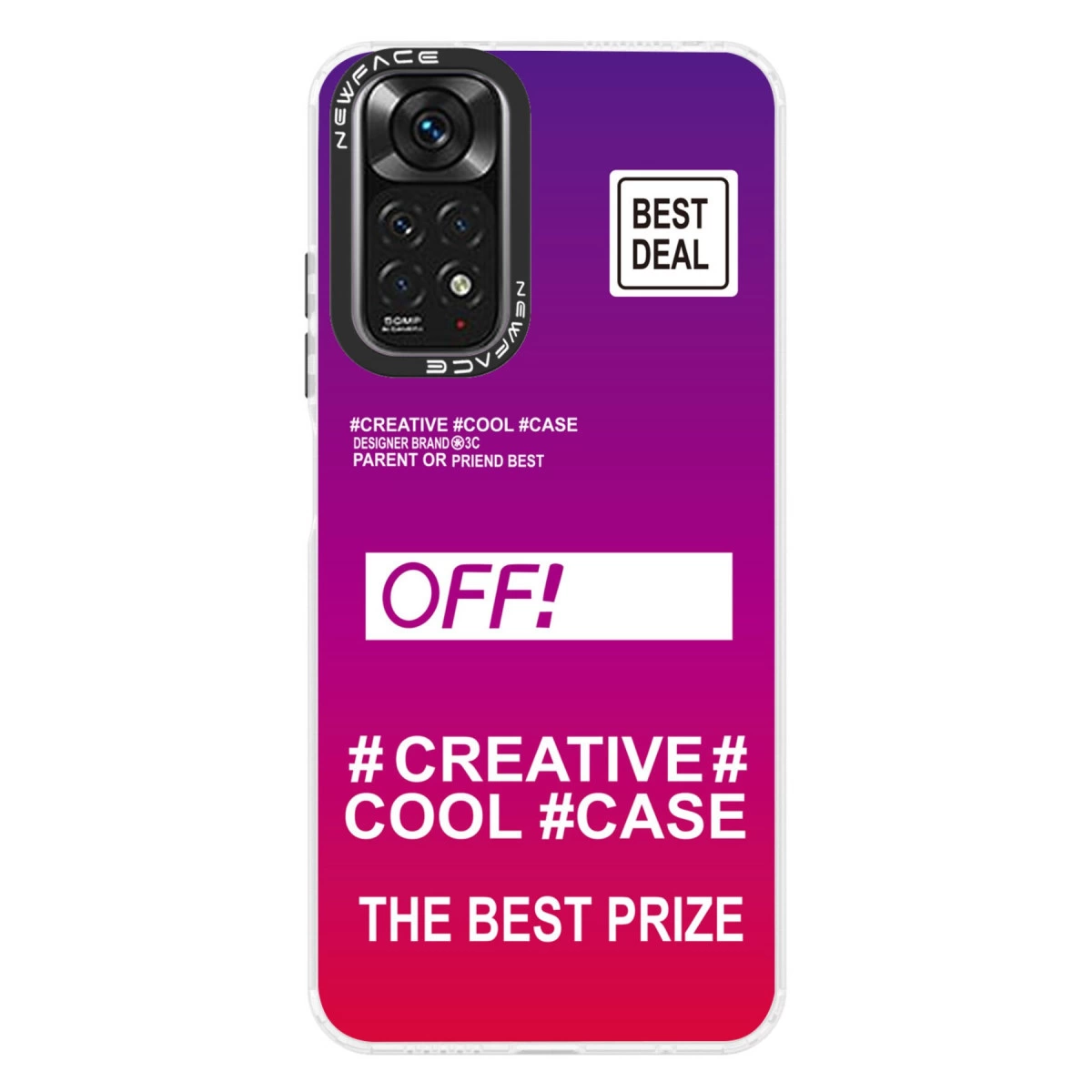 Kamera, metin ve "BEST DEAL" etiketli mor-kırmızı telefon kılıfı.