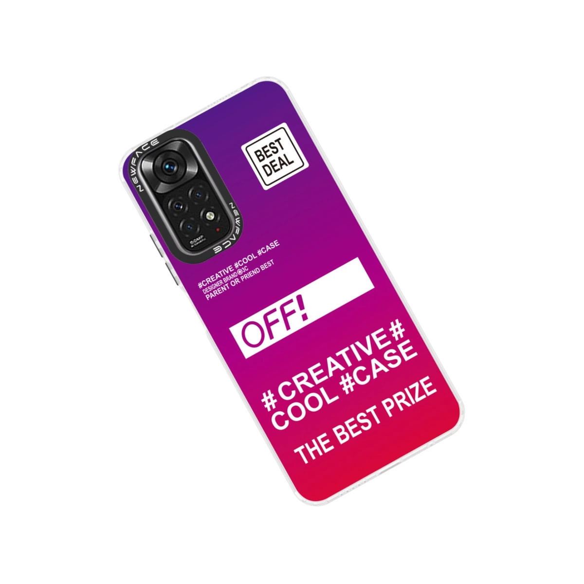Kamera, "BEST DEAL" ve "OFF!" baskılı mor-pembe telefon kılıfı.