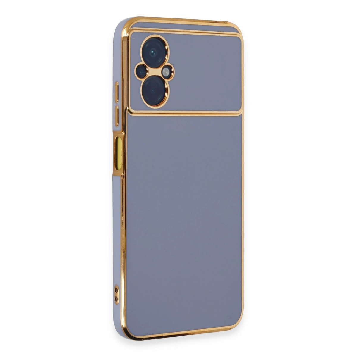Altın çerçeveli, mor renkli telefon kılıfı ve kamera modülü.