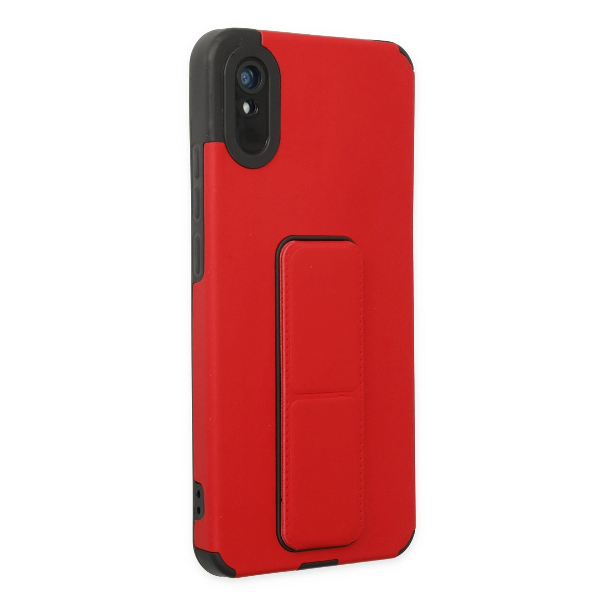 Entegre stantlı, siyah çerçeveli kırmızı telefon kılıfı.