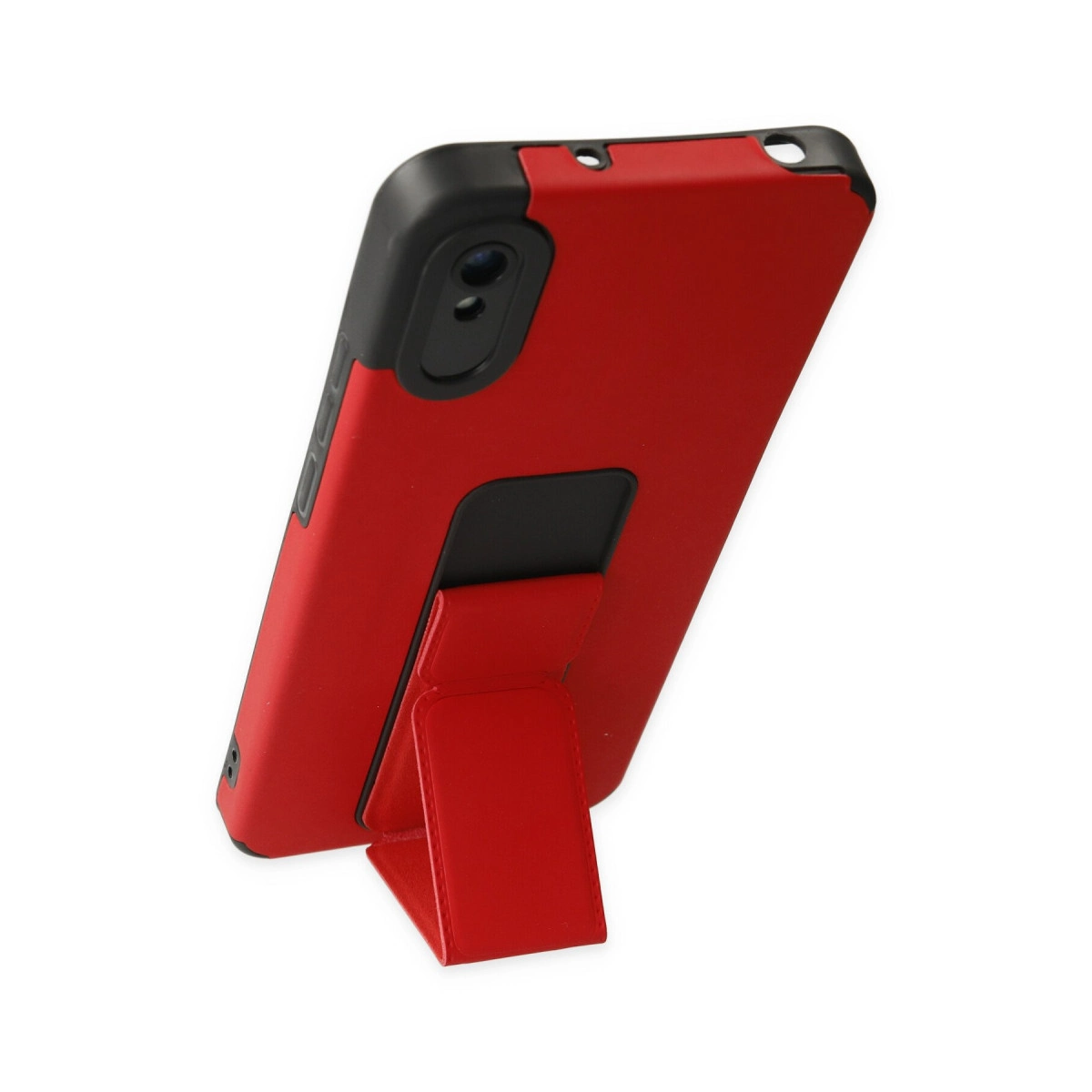 Siyah kenarlı ve entegre stantlı kırmızı telefon kılıfı.