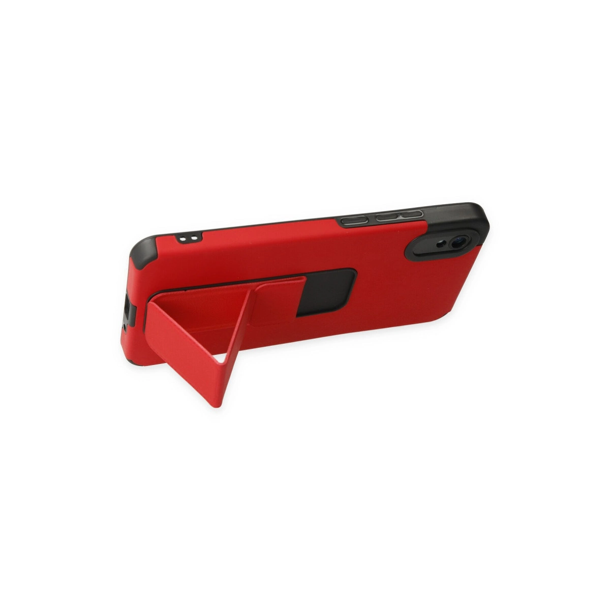 Entegre stantlı kırmızı telefon kılıfı, yan görünüm.