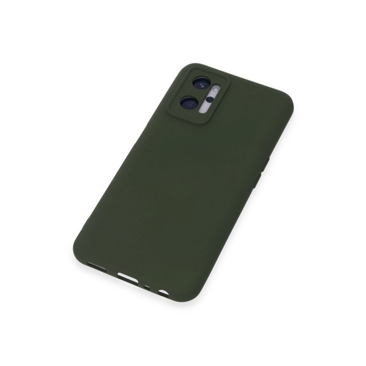Kamera oyuntulu koyu yeşil telefon kılıfı beyaz arka planda.