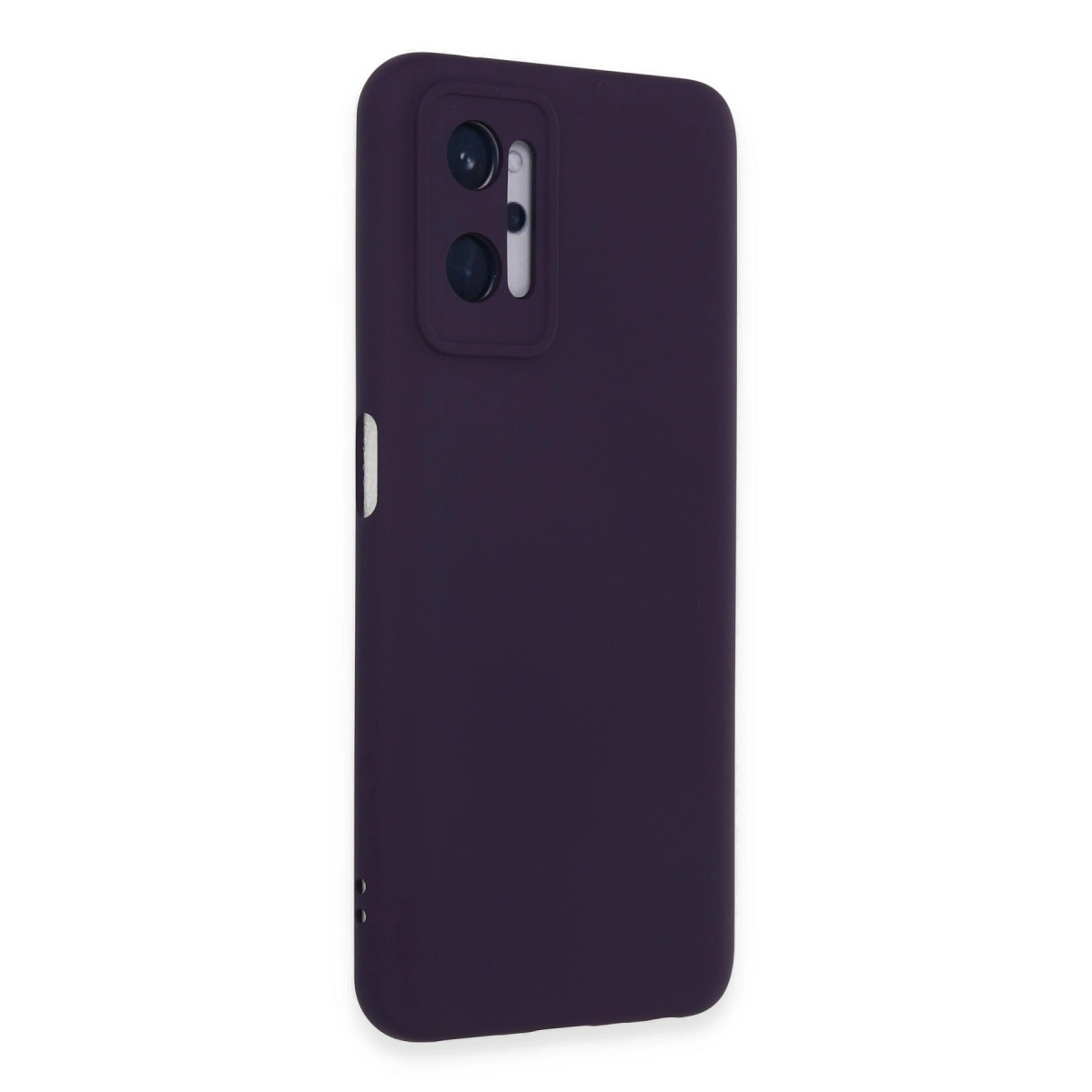Kamera kesimli koyu mor telefon kılıfı beyaz arka plan üzerinde.