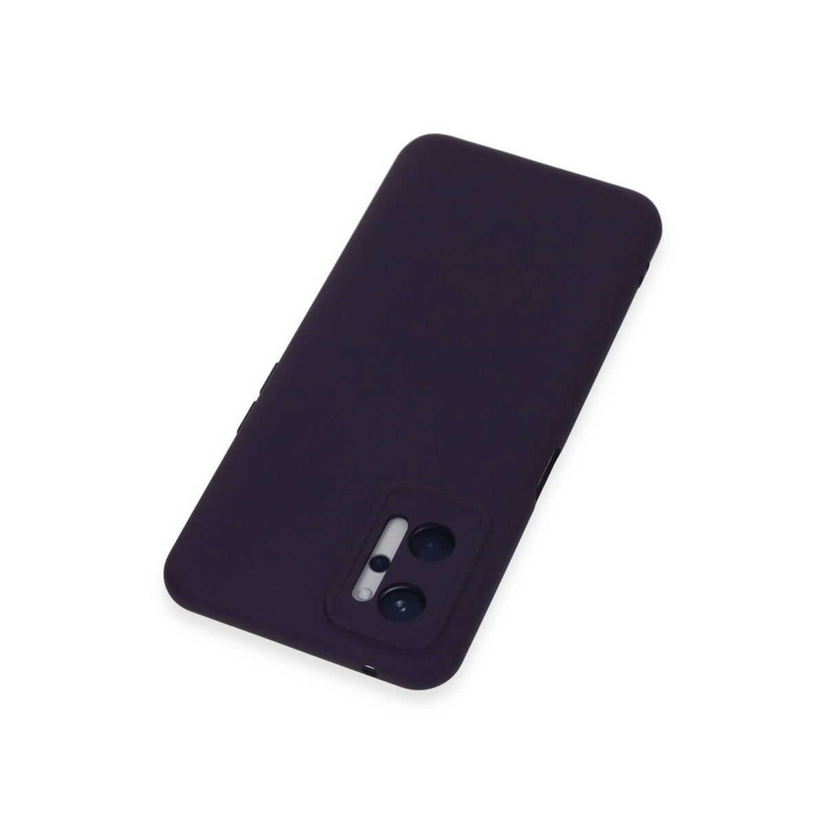 Kamera kesimli koyu mor telefon kılıfı, beyaz arka plan üzerinde.