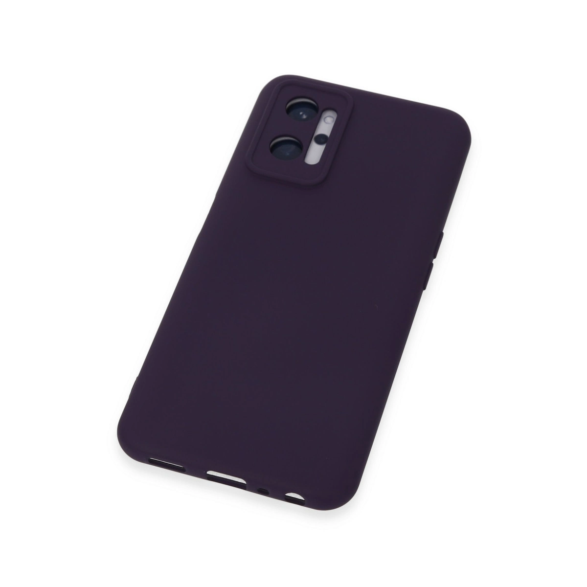 Kamera kesikli koyu mor telefon kılıfı, beyaz zeminde.