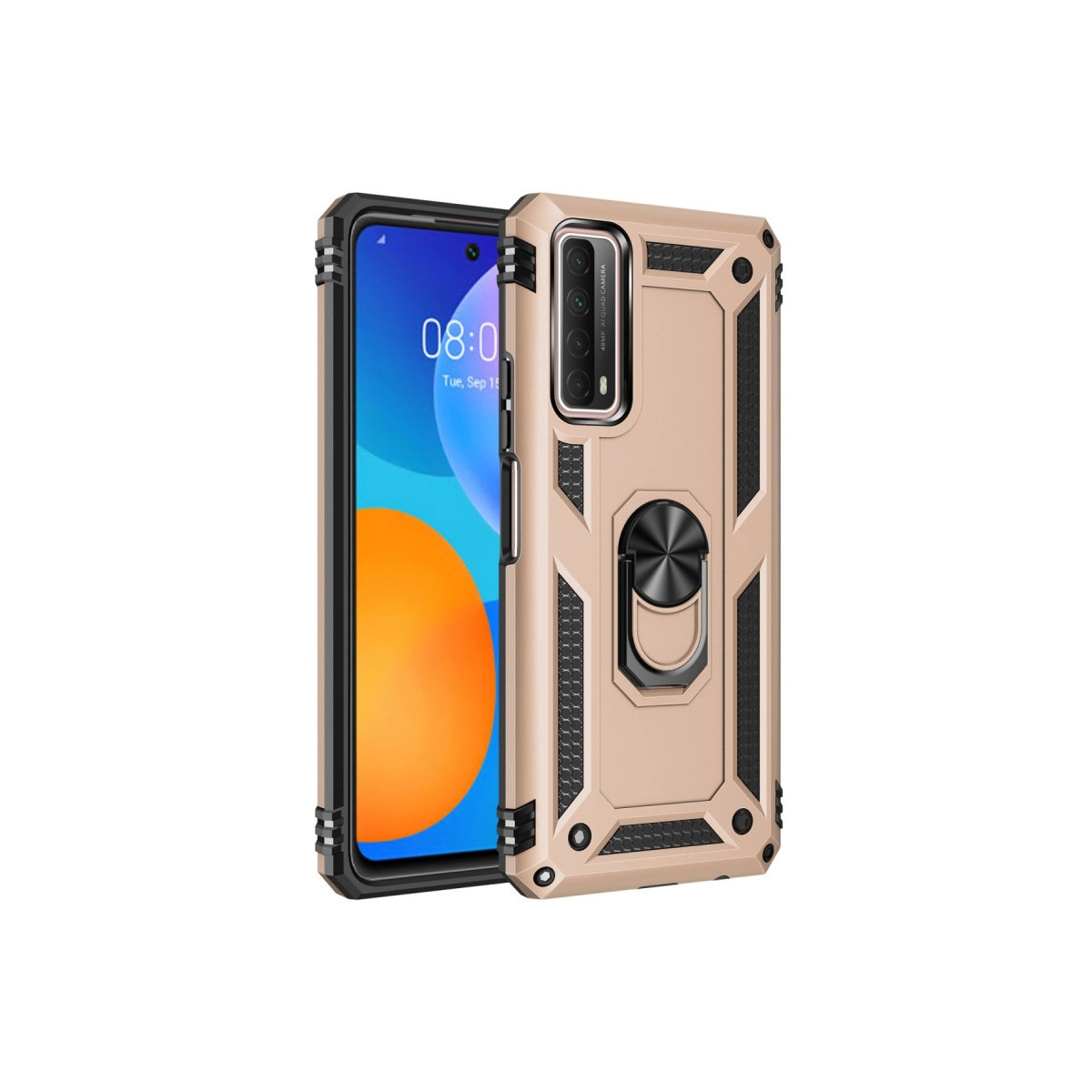 Halka tutuculu altın rengi telefon kılıfı ve 08:00 gösteren bir telefon.