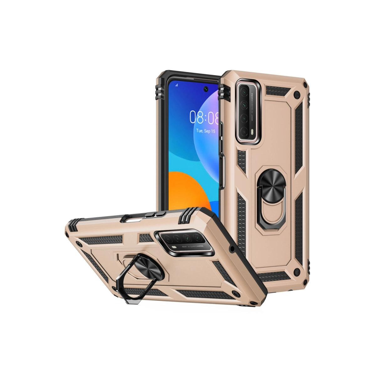 Beyaz arka plan üzerinde halka tutuculu iki altın telefon kılıfı.