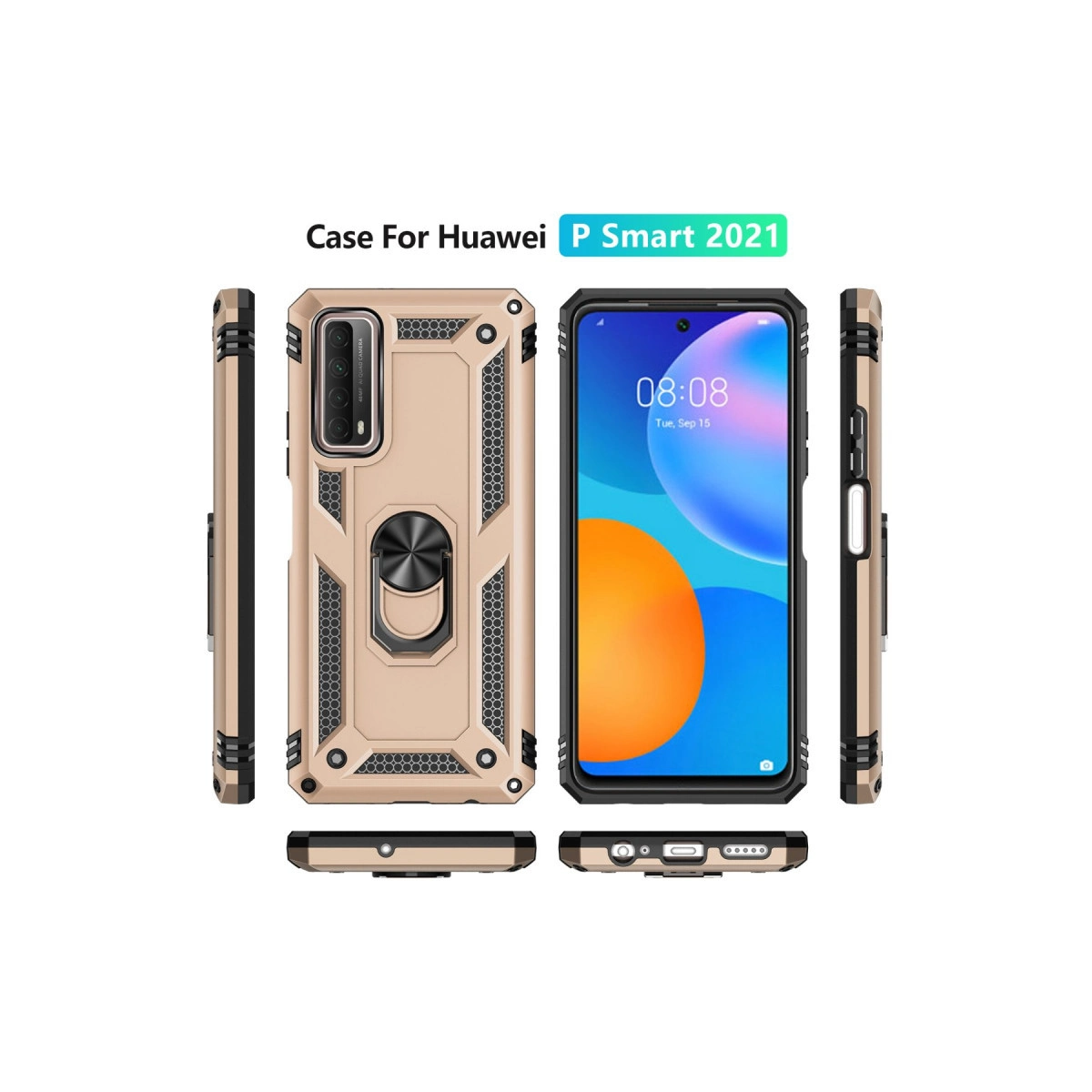 Huawei P Smart 2021 için halka tutuculu altın rengi telefon kılıfı, ön, arka ve yan görünümler.