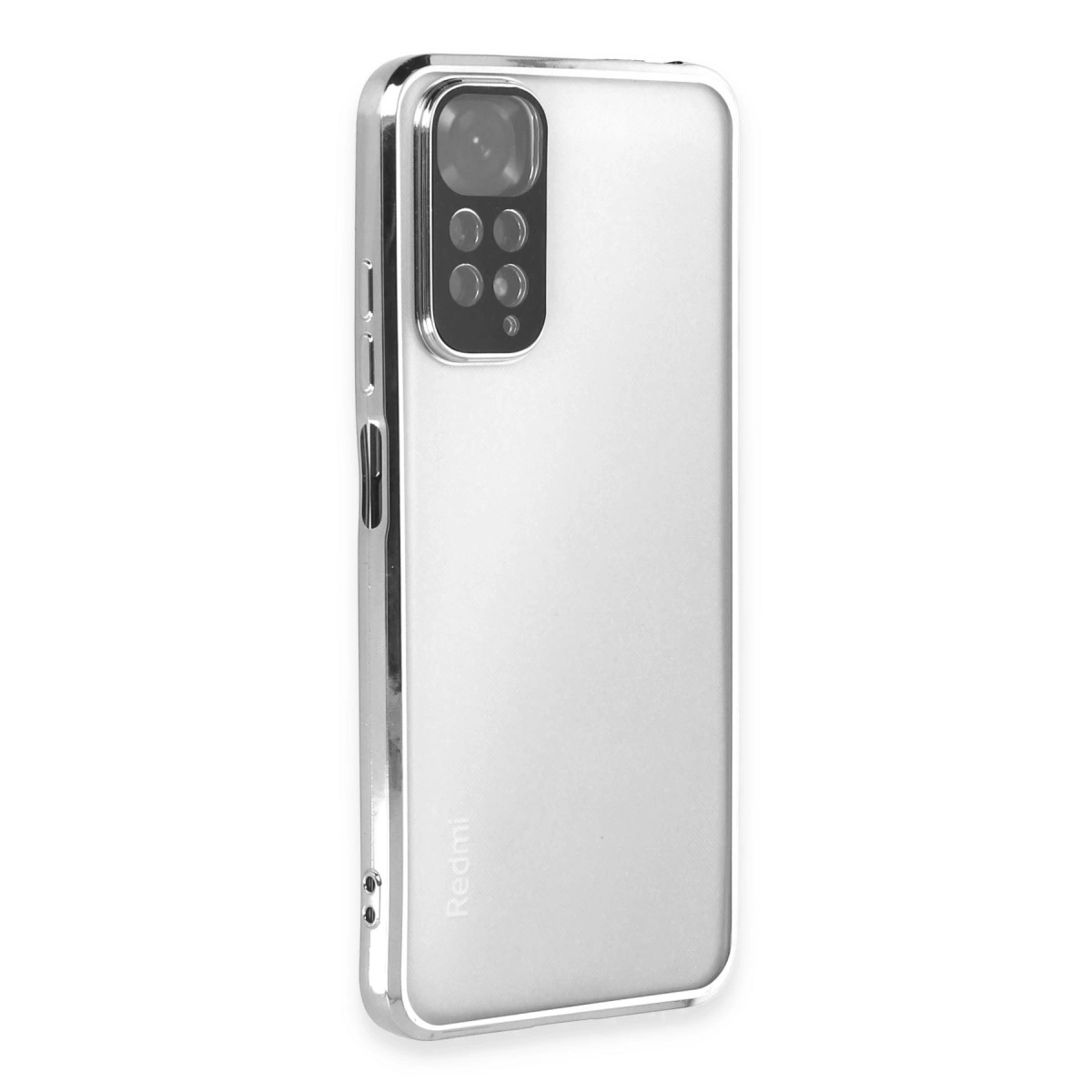 Gümüş çerçeveli, arka kamera dizilimli beyaz telefon.