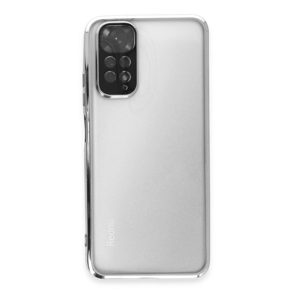 Gümüş kenarlı ve kamera dizilimli şeffaf telefon kılıfı beyaz arka planda.