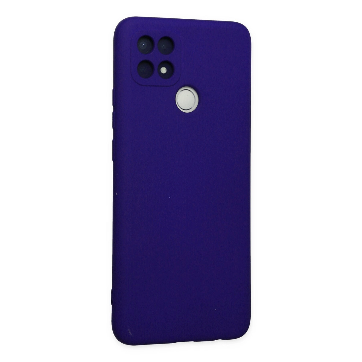 Dört kameralı ve parmak izi sensörlü koyu mor telefon kılıfı.
