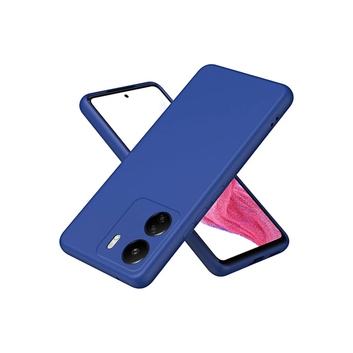 Beyaz arka plan üzerinde kamera modüllü üç mavi telefon kılıfı.