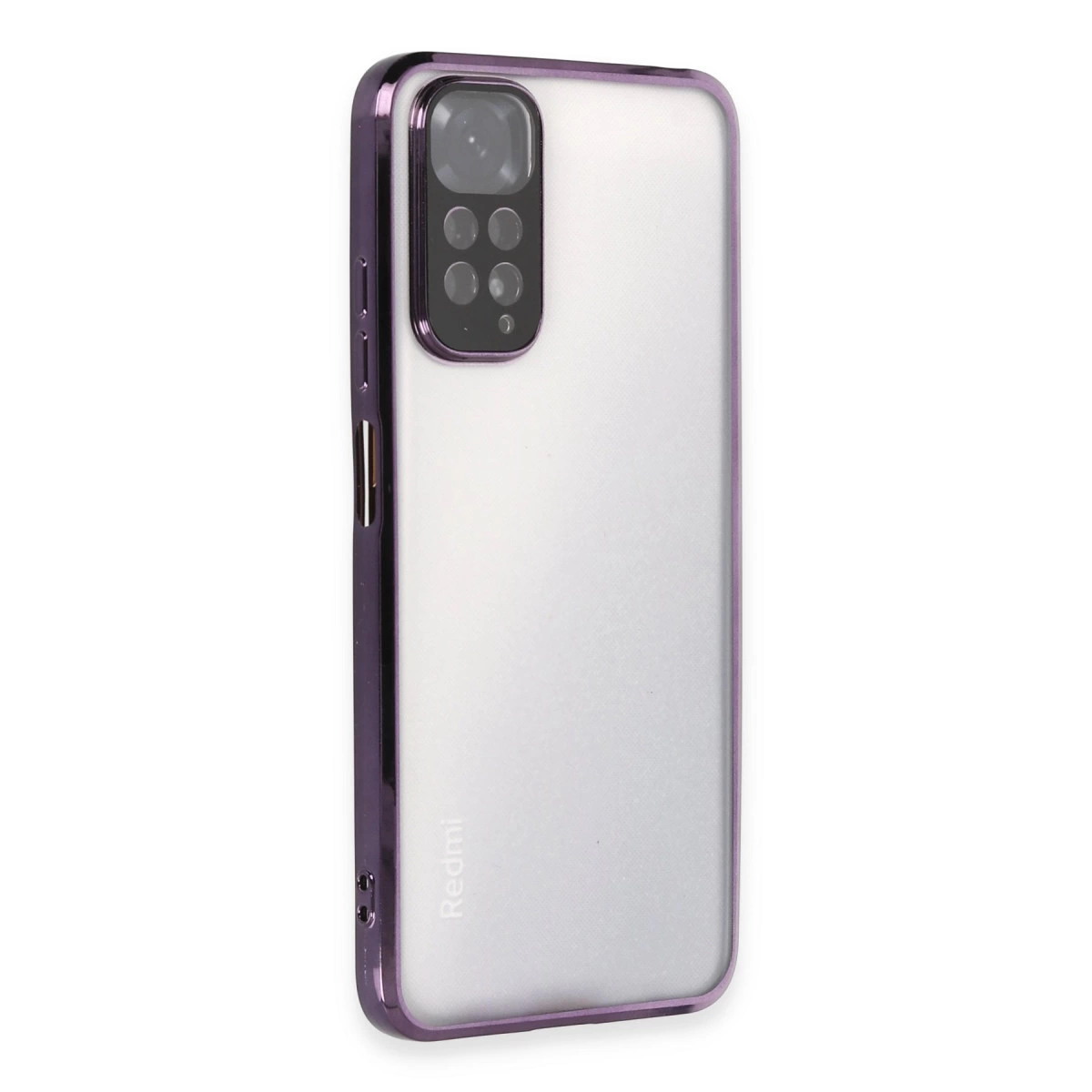 Mat arkalı ve kamera yuvalı mor telefon kılıfı.