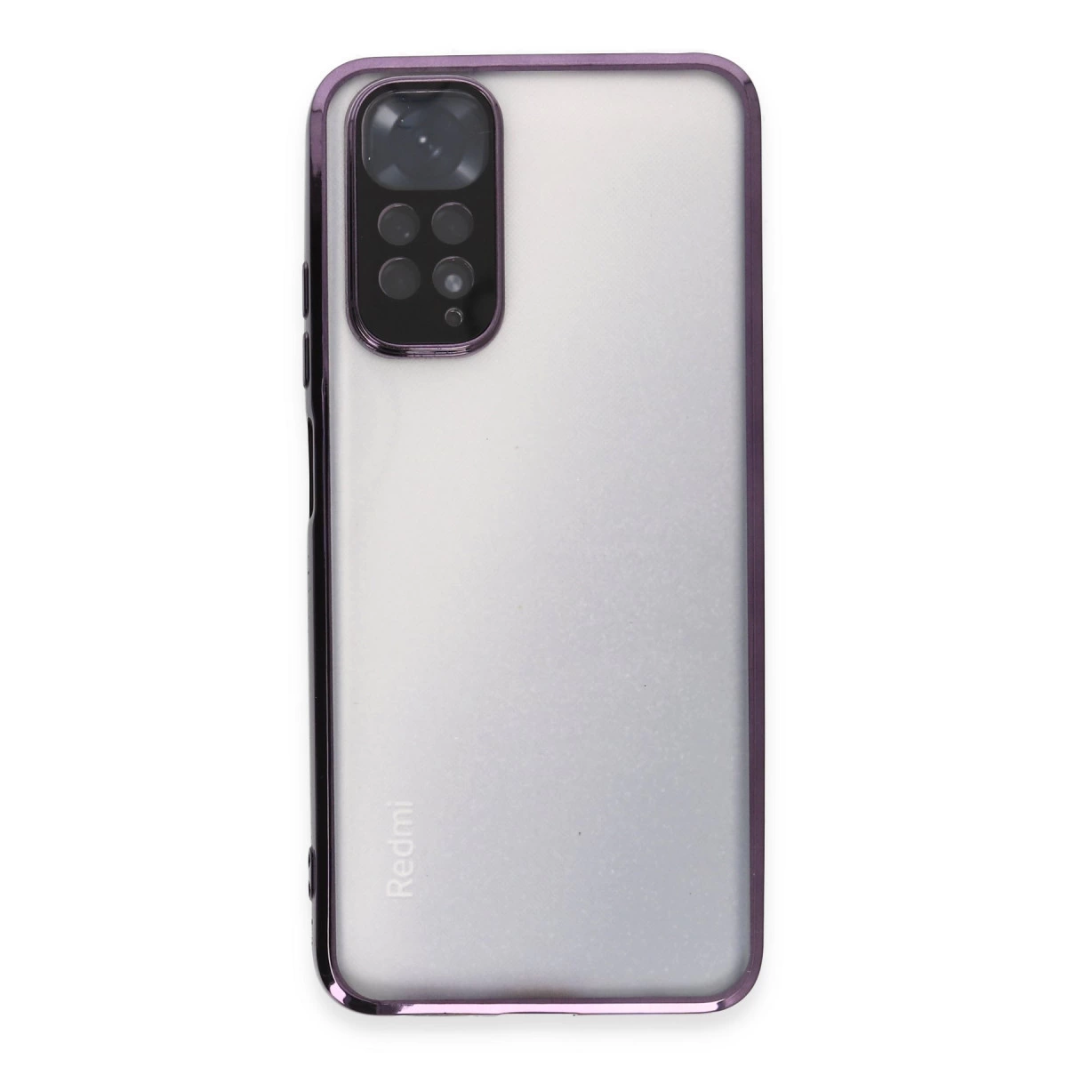 Kamera çıkıntısı ve Redmi logosu bulunan mor çerçeveli şeffaf telefon kılıfı.
