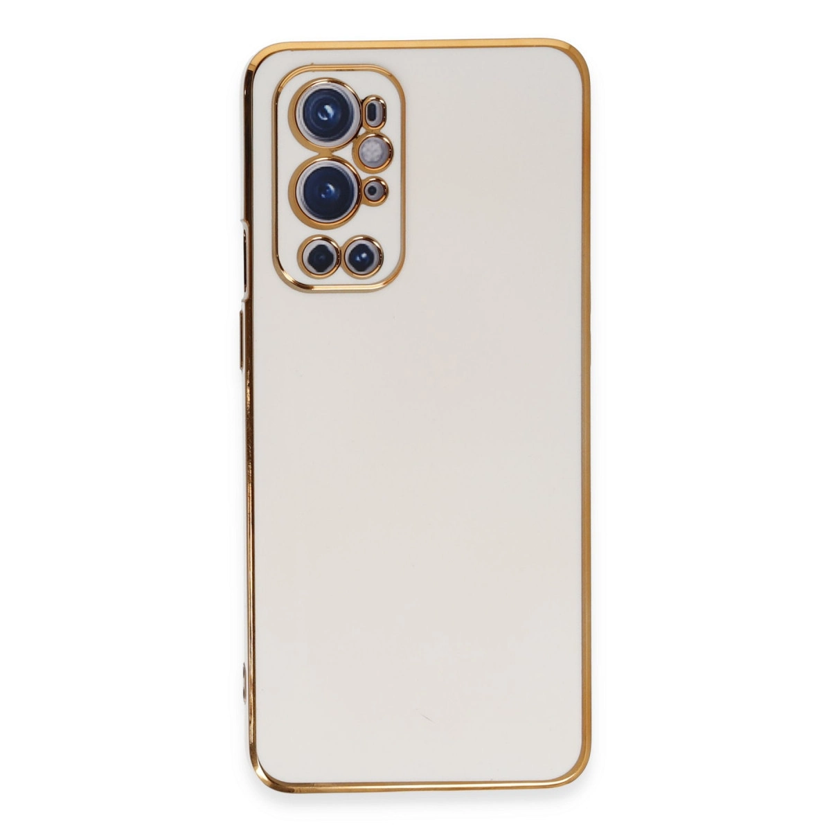 Altın çerçeveli ve kamera birimli beyaz telefon kılıfı.