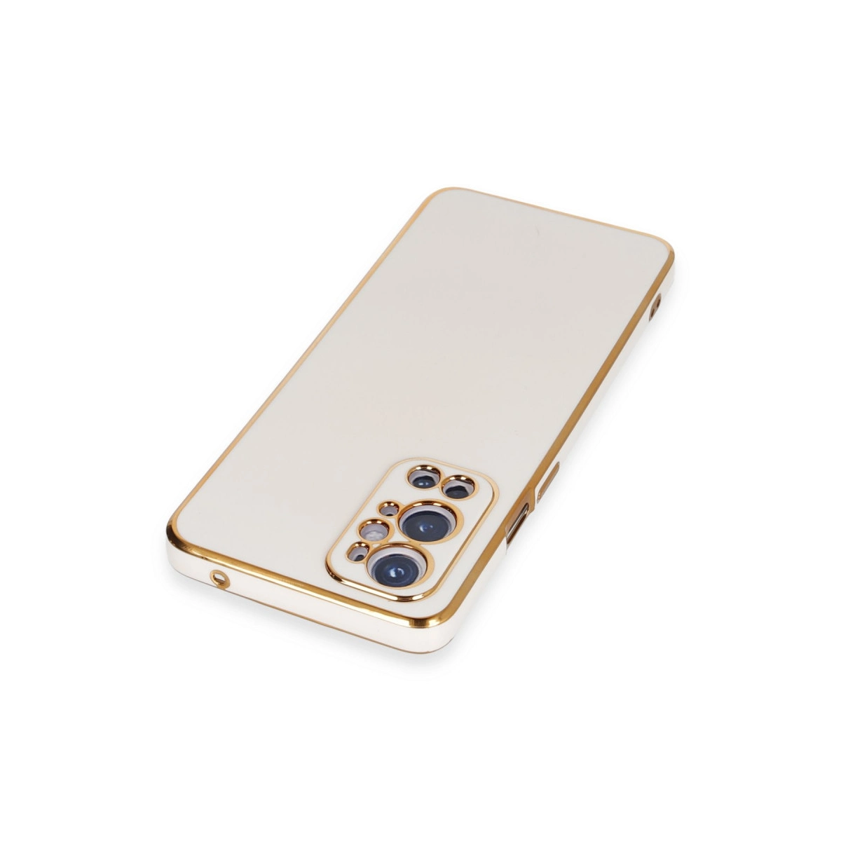 Altın kenarlı ve kamera lensli beyaz telefon kılıfı.