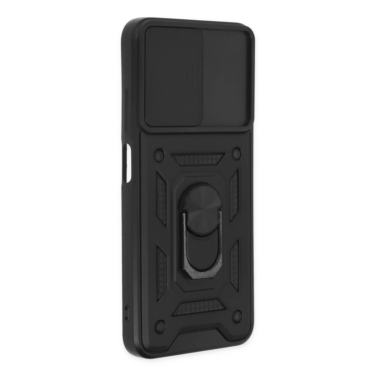 Kamera sürgülü ve halka tutuculu siyah telefon kılıfı beyaz zeminde.