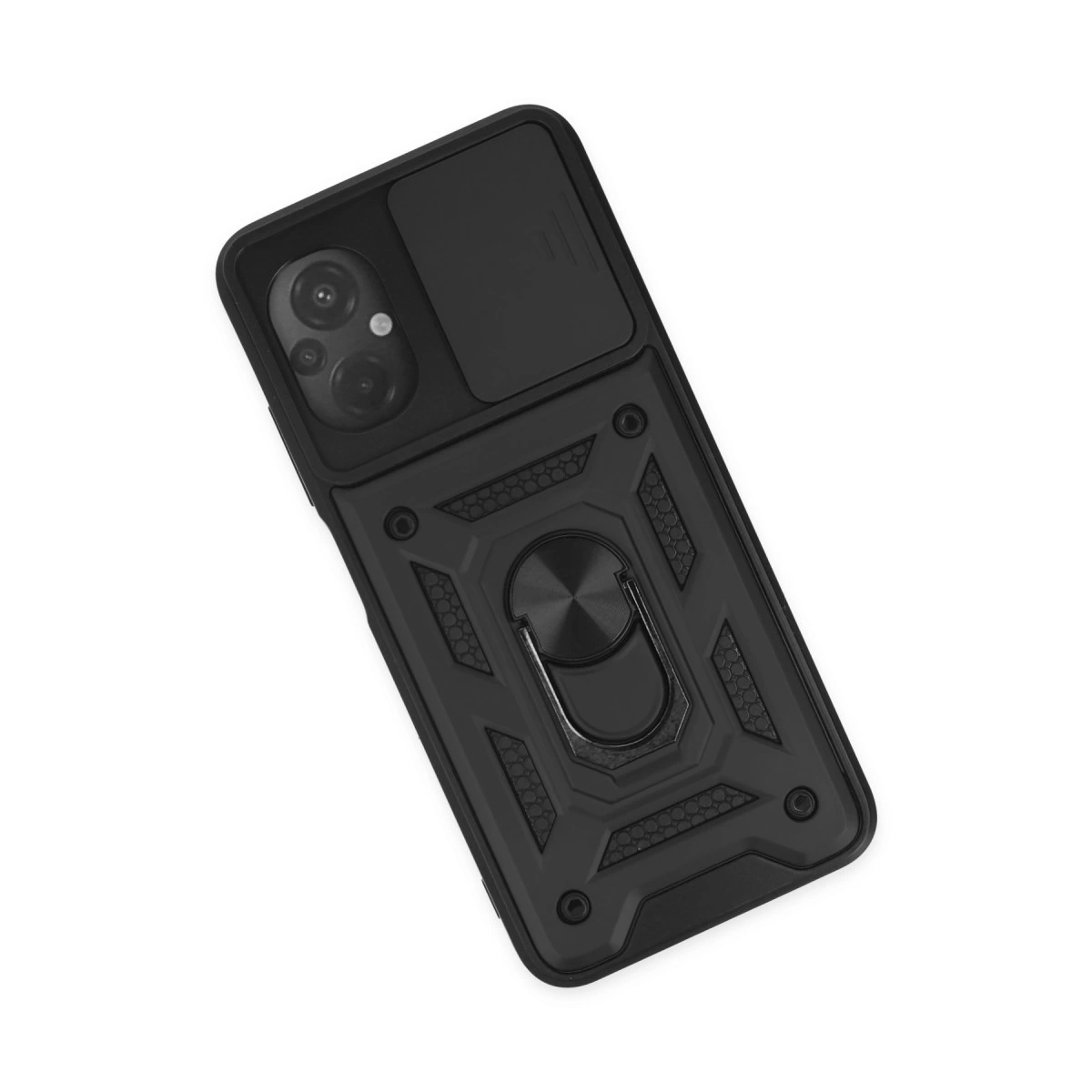 Kamera kapaklı ve halka tutuculu siyah telefon kılıfı.