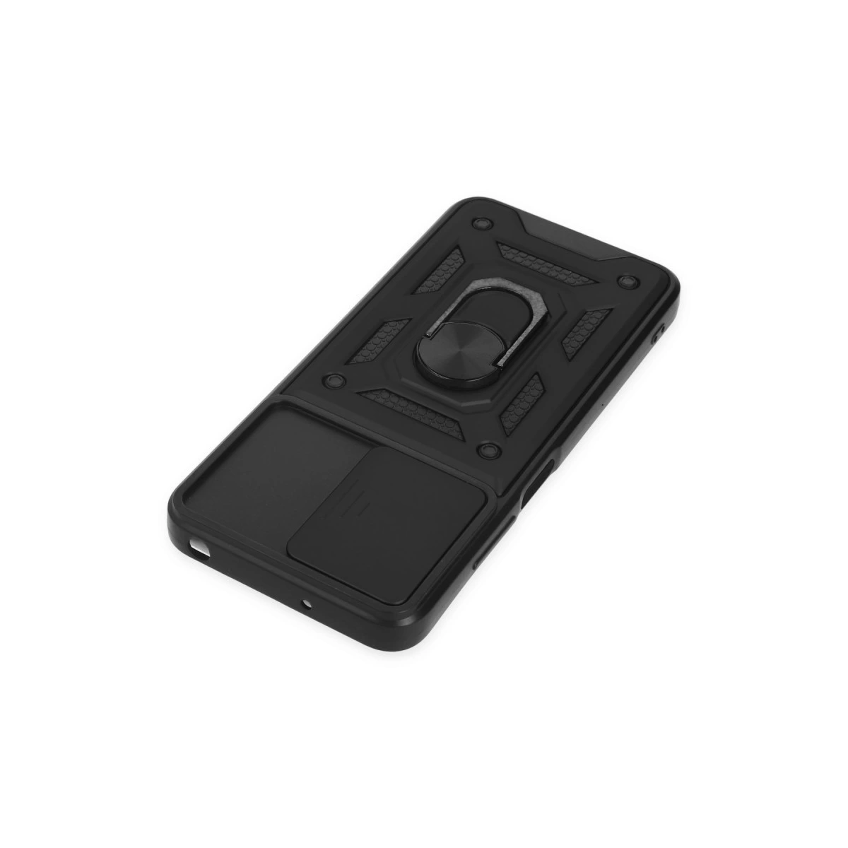 Halka tutuculu ve kaydırılabilir bölmeli siyah telefon kılıfı.