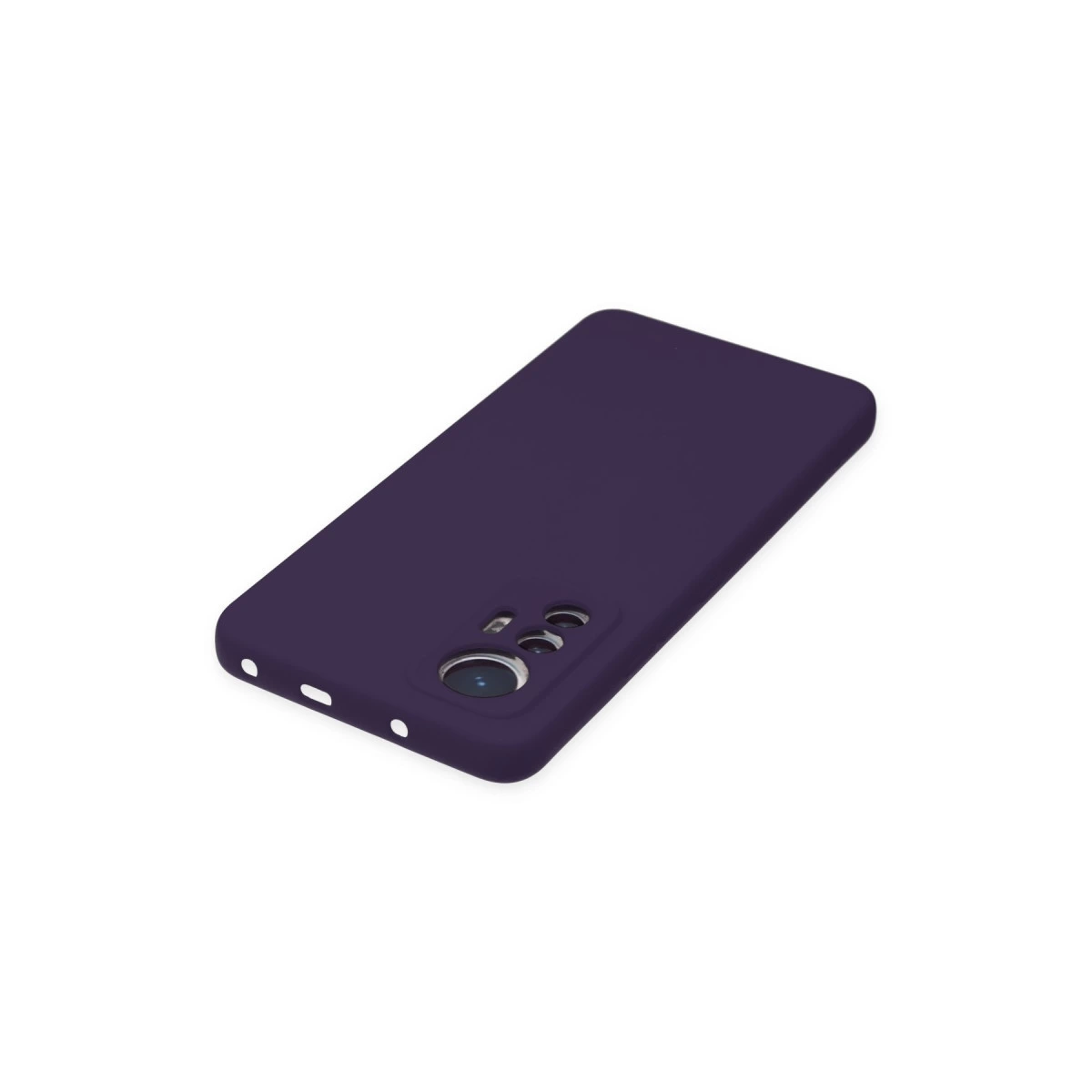 Kamera oyuntulu koyu mor telefon kılıfı beyaz arka planda.