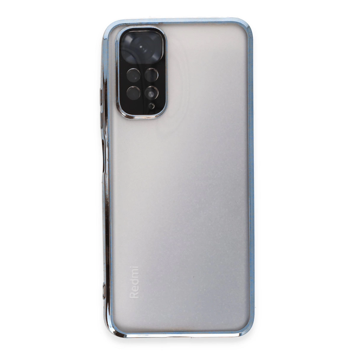 Mavi çerçeveli ve kamera modüllü şeffaf telefon kılıfının arkası.