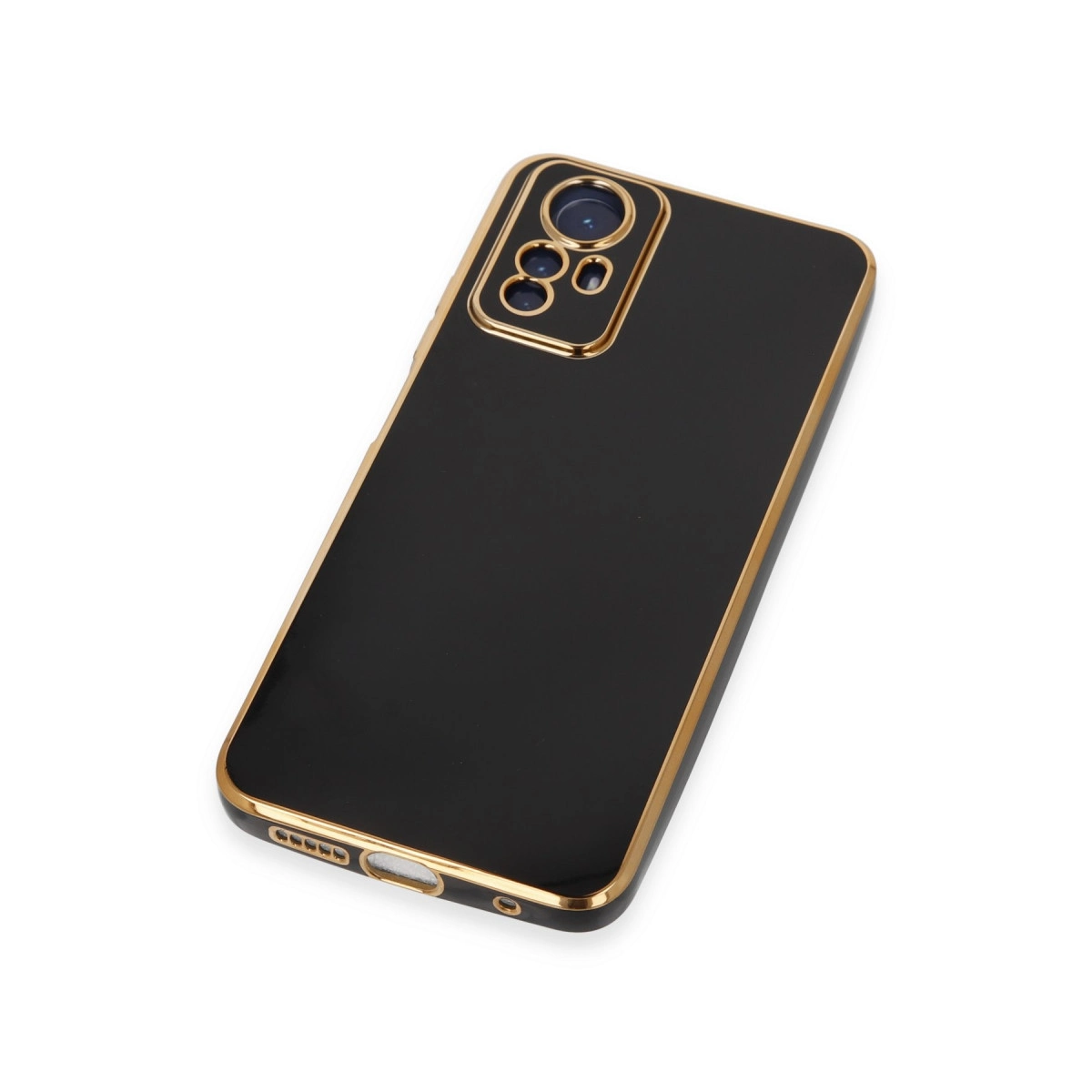 Beyaz arka plan üzerinde altın çerçeveli ve kamera kesimli siyah telefon kılıfı.
