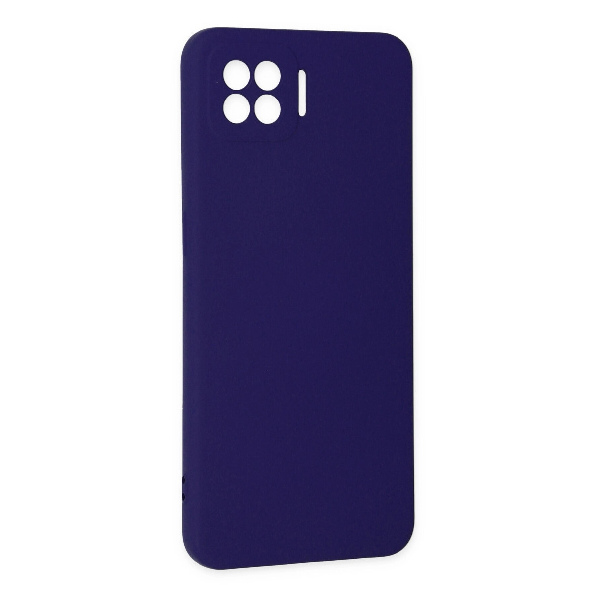 Koyu mavi telefon kılıfı, kare kamera boşluğu ve tek flaş yuvası bulunur.