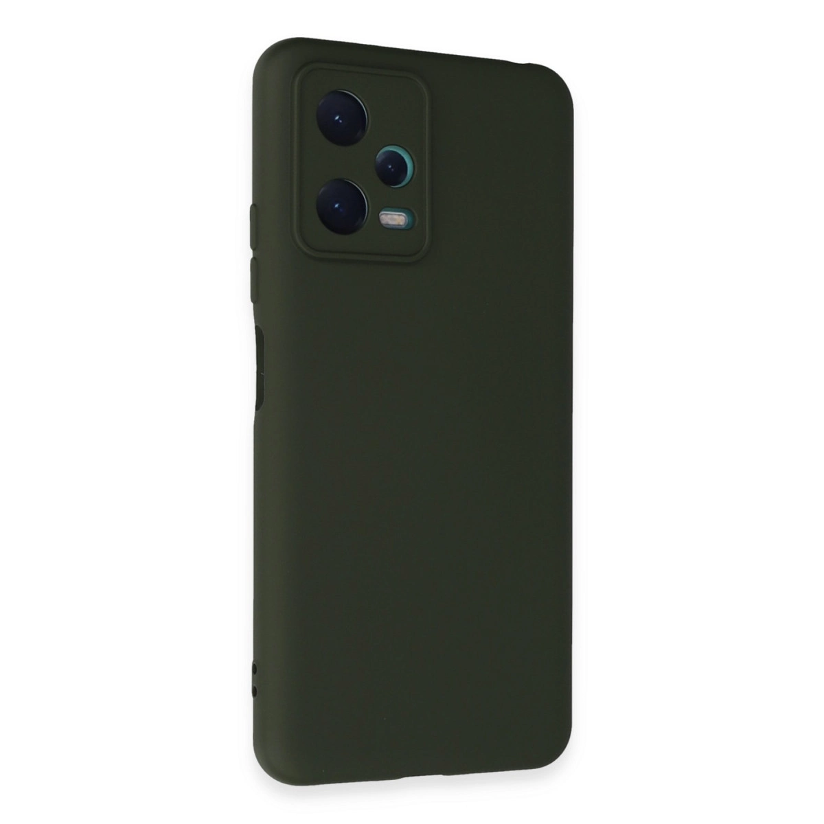 Beyaz arka plan üzerinde kamera kesimli koyu yeşil telefon kılıfı.