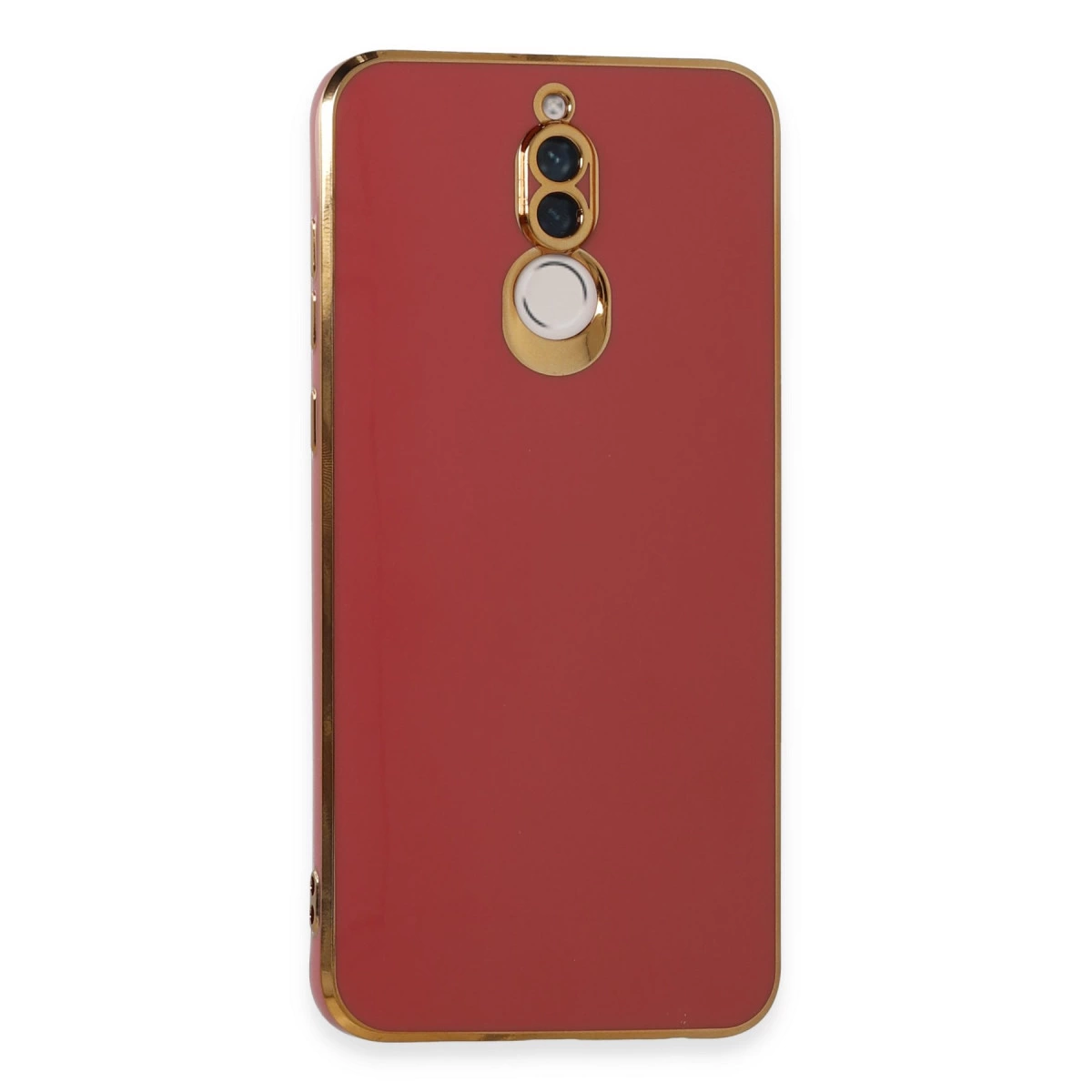 Altın kenarlı ve kamera kesimli kırmızı telefon kılıfı.