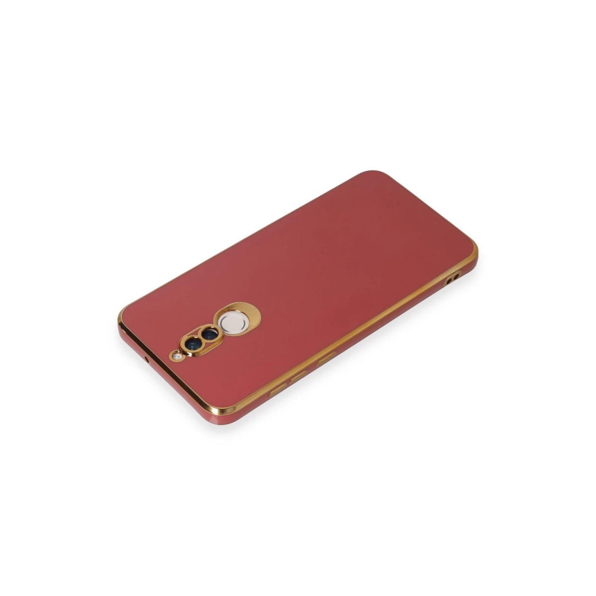 Altın kenarlı ve kamera kesimli kırmızı telefon kılıfı.