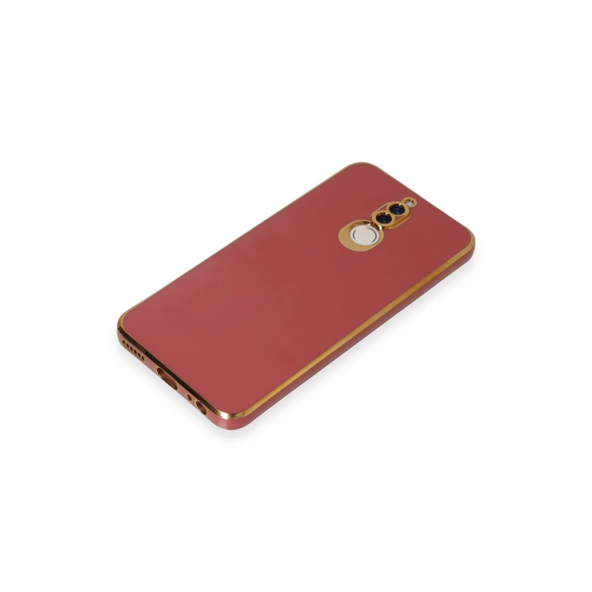 Altın kenarlı ve kamera kesimli kırmızı telefon kılıfı.
