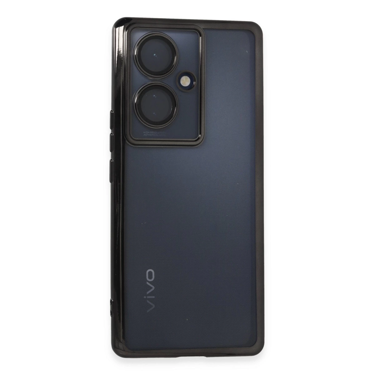 Siyah kılıflı koyu mavi telefon, kamera lenslerini ve Vivo logosunu gösteriyor.
