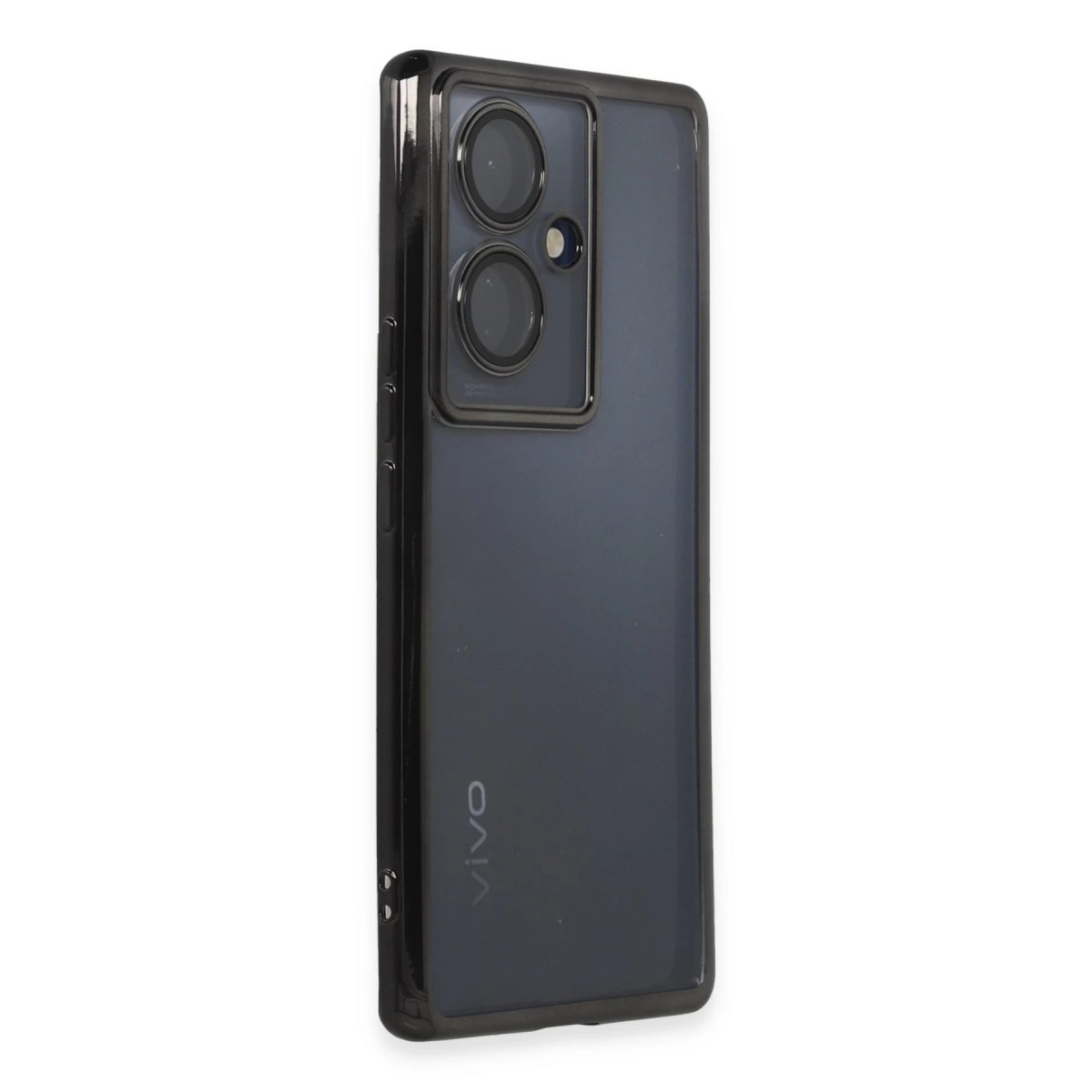 Arkada iki kamera lensi ve flaşı olan koyu gri akıllı telefon.