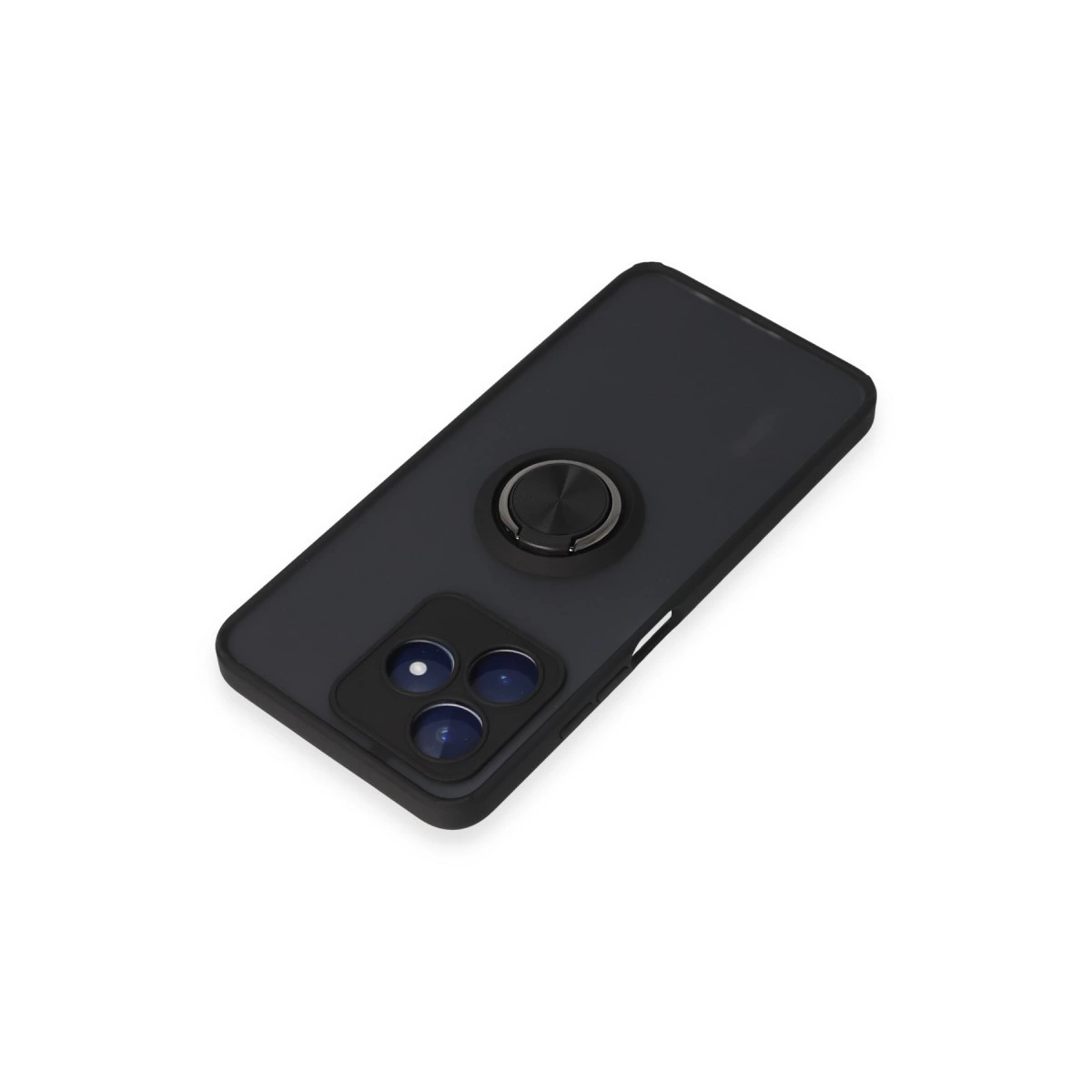 Halka tutuculu ve üç kamera lensli siyah telefon kılıfı.