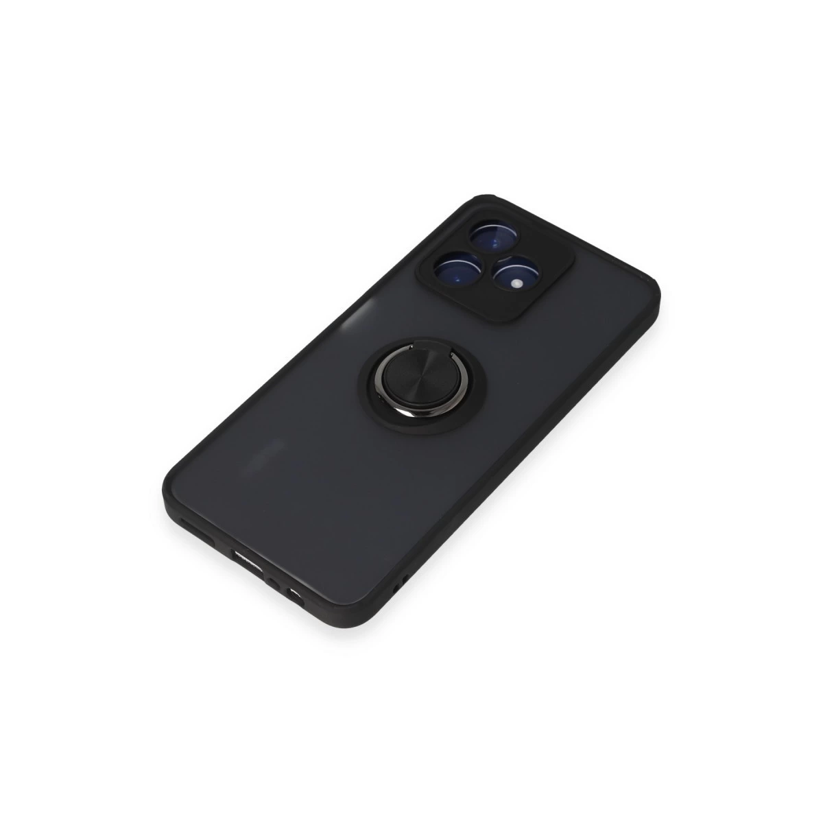 Beyaz arka plan üzerinde halka tutuculu ve kamera lensli koyu gri akıllı telefon.